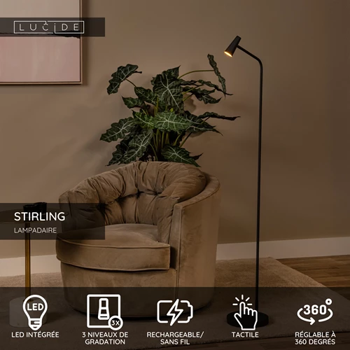 Lucide STIRLING - Lampadaire Rechargeable - Batterie/Piles - LED 3 StepDim - 1x3W 2700K - Noir - USP